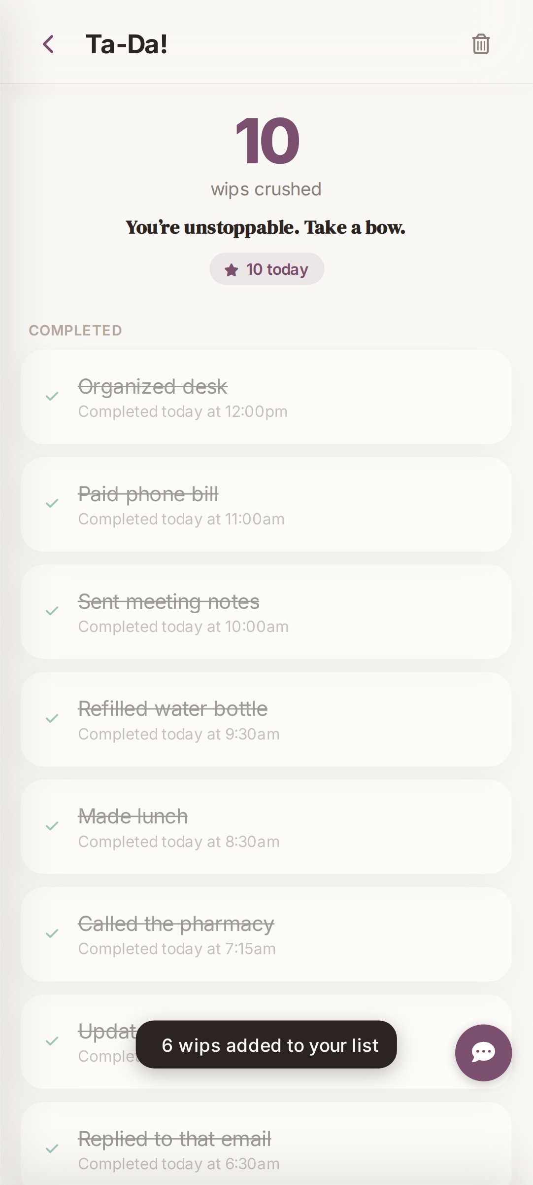 Ta-Da List showing completed tasks celebrated